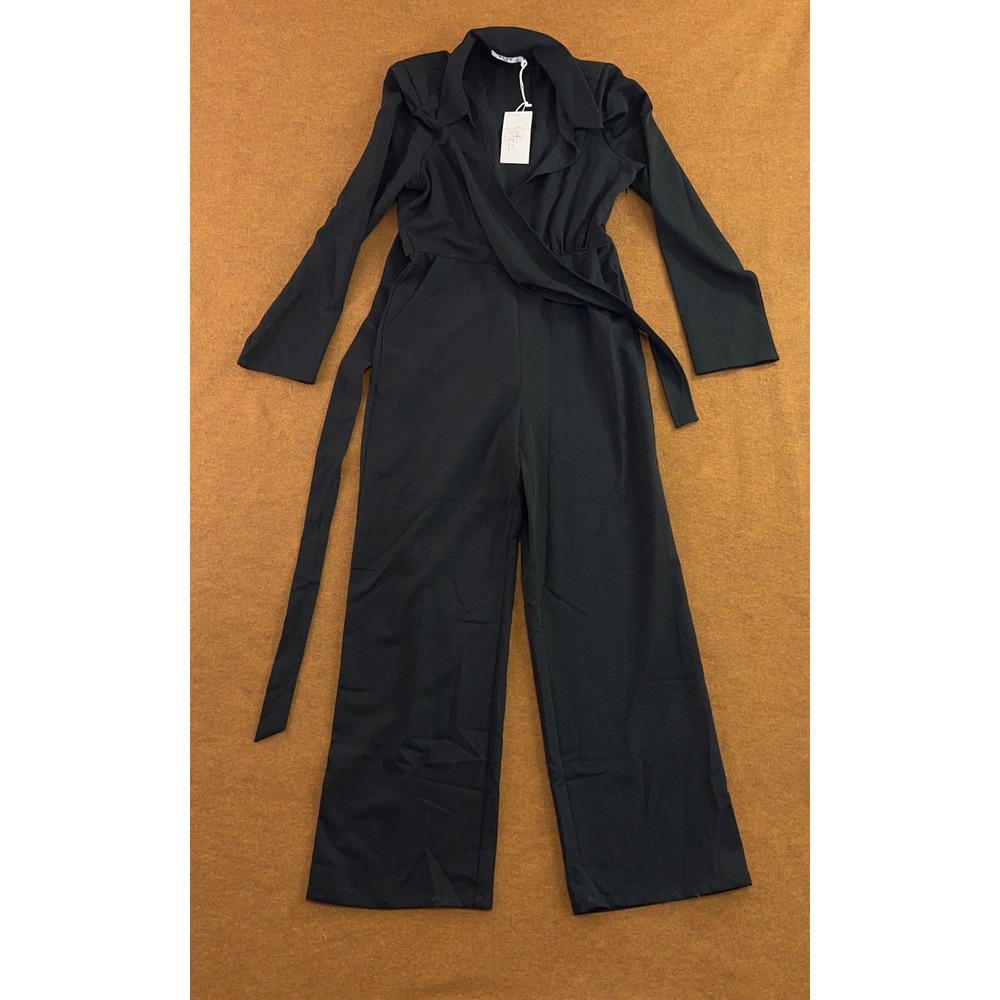 NA-KD Womens EU 36 US 4 Black Tie Waist Wide Leg Long Sleeve Jumpsuit NWT